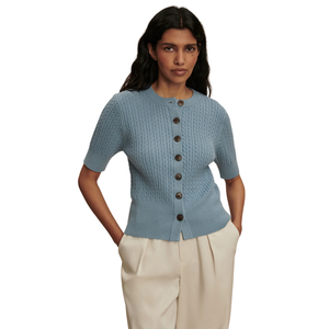 Cardigan en maille torsadée à manches courtes pour femme, boutonné sur le devant, en mélange de coton doux, léger, élégant et décontracté, idéal pour la superposition - Product Image 3