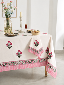 Eco-Friendly 100% Cotton <b>Tablecloth</b> Handcrafted Modern Floral Artisan Design Hand Block Printed Customizable Washable Cover - Product Image 1