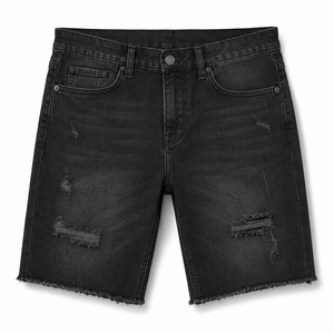 Shorts en jean personnalisés pour hommes, style vintage, coupe droite, délavé clair, avec logo brodé, double épaisseur aux genoux, effet usé, pour l'été - Product Image 4
