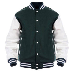 Green <b>White</b> Varsity <b>Jacket</b> <b>Men</b> Preppy Style PU Leather Sleeve Zipper Closure Autumn Regular Fit Solid Color Turn-down Collar - Product Image 6