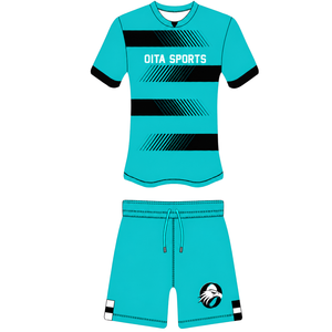 Ensemble short et maillot de rugby noir turquoise à manches courtes, col rond, rayé, uniforme d'équipe personnalisé, respirant, pour l'entraînement et la performance - Product Image 1