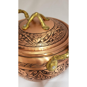 Marmite à soupe en cuivre pur de qualité supérieure avec couvercle, motif oriental gravé, double poignée, compatible gaz et induction, décorée par gravure - Product Image 6