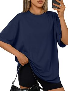 T-shirt ample en jersey 100 % coton bleu marine uni à col rond et manches courtes pour femme – Respirant et décontracté, idéal toutes saisons - Product Image 3