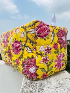 Handmade Quilted Cotton Travel <b>Makeup</b> Organizer Large Capacity Floral Block Printed Cosmet Pouch Zipper Lightweight <b>Case</b> - Product Image 2
