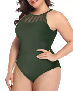 Maillot de bain grande taille pour femme, une pièce, effet ventre plat, col montant, froncé, OEM - Product Image 2