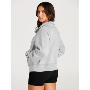 <b>Women's</b> Light Gray <b>Half</b> <b>Zip</b> Regular <b>Sweatshirt</b> Stand Collar Pullover Solid Color Knitted Cotton Blend Printed Anti-Wrinkle - Product Image 2