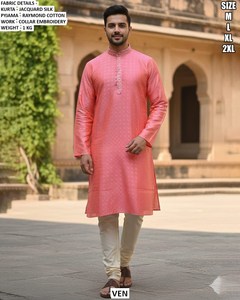 Nawab Classic Jacquard <b>Silk</b> Men's Floor-Length Traditional Pathani Set for Diwali & Wedding - Product Image 3