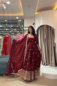 Robe Anarkali brodée marron, longueur ras du sol, tenue traditionnelle indienne et pakistanaise pour mariage, coupe ample, manches longues pour femme - Product Image 2