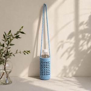 Crochet Water Bottle <b>Holder</b> Solid Color Open Closure Long Strap Vintage Minimalist Style <b>Travel</b> All Seasons Daily Use - Product Image 1