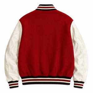 เสื้อแจ็คเก็ตวาร์ซิตี้สีแดงขาวสำหรับผู้ชาย แบรนด์ Sinewy Sports ตกแต่งด้วยแพทช์  แขนเสื้อทำจากหนังและผ้าขนสัตว์ สไตล์สตรีทแวร์ฮิปฮอปยุค 90 - Product Image 5