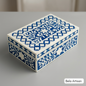 Blue White Bone Inlay Ottoman Style Decorative Storage <b>Box</b> Handmade Floral Pattern Jewelry <b>Keepsake</b> Organizer Gift Living Room - Product Image 1