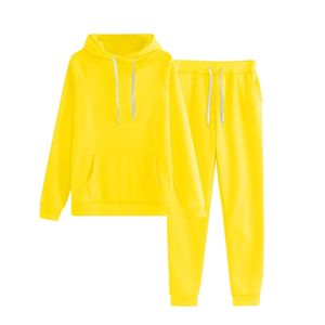 Survêtement décontracté unisexe jaune, couleur unie, taille élastique, poches latérales, pantalon en coton respirant, design 2-en-1 écologique pour l'automne - Product Image 3