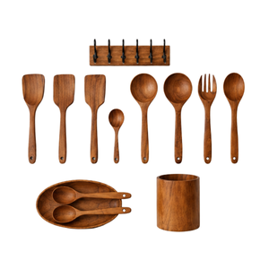 Juego de Utensilios de Cocina de Madera de Teca Premium ARTERRA, Espátula de Mango Largo, Cuchara Antiadherente con Soporte, Ecológico - Product Image 1