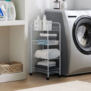 Chariot à linge en métal à 4 niveaux sur roulettes, blanc - Product Image 3
