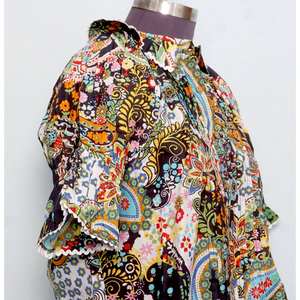 Túnica Moderna con Estampado Floral, 100% Algodón Lavable, Estilo Casual Femenino, Cuello Mandarín con Volantes, Manga Media, Mini - Product Image 5