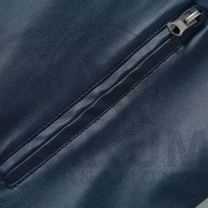 Blue Leather Jacket Slim Fit Turn-<b>down</b> Collar Zipper Closure Regular Length - Product Image 6