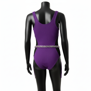 Ensemble de bain luxueux en polyester et élasthanne, tissu extensible doux, violet avec empiècements en mesh, logo personnalisé, pour femme. - Product Image 2