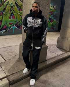 Sudaderas cortas sueltas de algodón de peso pesado Conjunto de pantalones de chándal apilados Chándal de gran tamaño Sudadera con capucha personalizada y conjunto de Jogger - Product Image 3