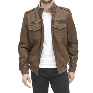 <b>Men's</b> Brown <b>Leather</b> Moto <b>Jacket</b> Stand Collar Zip Front Flap Pockets Regular Sleeve Autumn Style - Product Image 1