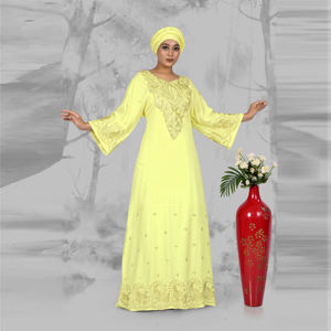 Caftán de Rayón con Bordado Intenso, Mangas Elegantes con Puños Acampanados, Corte Modesto, Diseño Largo hasta el Suelo para Eid y Ramadán, Antiarrugas - Product Image 1