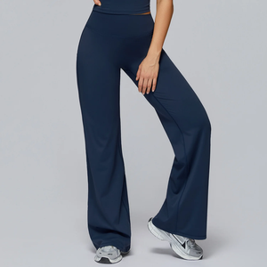 Pantalon de yoga et de fitness pour femme, sans couture, taille mi-haute, très élastique, uni, en Spandex/Nylon respirant, coupe évasée, grande taille - Product Image 1