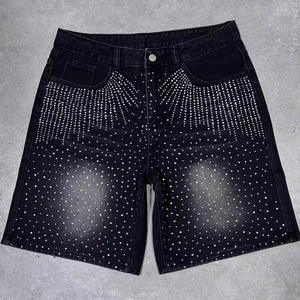 Shorts Bermuda en jean noir pour homme, taille mi-haute, fermeture boutonnée, motif à pois pailletés, style urbain, tissu tissé - Product Image 6