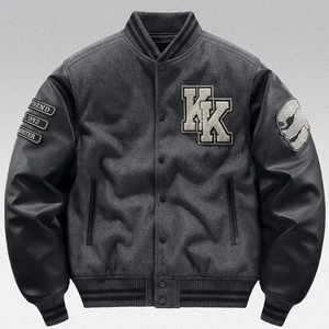 <b>Men's</b> Black Varsity <b>Jacket</b> With <b>UK</b> Embroidery Patch Leather Sleeves Collar <b>Casual</b> Autumn Wear Regular Fit Button Closure - Product Image 1