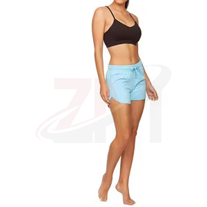 Shorts tricotés bleu clair pour femme, taille mi-haute, avec cordon de serrage, couleur unie, respirant, coupe classique, marque personnalisée, vente en gros - Product Image 4