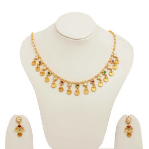 Gold Plated <b>Pearl</b> Chain Coin <b>Necklace</b> Set With Red Green Stones <b>And</b> Matching <b>Earrings</b> Traditional Wedding Jewelry - Product Image 1