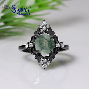 Anillo de Ágata Musgosa Natural con Corte Redondo y Detalles de Circonia Cúbica, Plata de Ley 925, Anillo de Compromiso y Boda Vintage para Mujer - Product Image 1