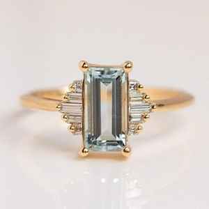 Antique Aquamarine Moissanite Engagement Ring 925 Sterling <b>Silver</b> 14K Gold Plated Elegant Art Deco Anniversary Ring - Product Image 1