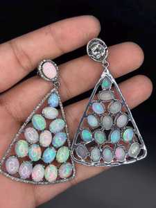 Ethiopian Opal Diamond Earring Pave Diamond Earrings 925 Sterling Silver Handmade <b>Oxidized</b> Dongle Diamond Earring Gift For Her - Product Image 2