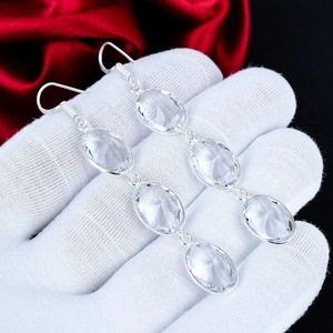 Boucles d'oreilles pendantes longues en topaze blanche, taille ovale, en argent sterling 925 massif, bijoux pour usage quotidien, cadeau d'anniversaire - Product Image 3