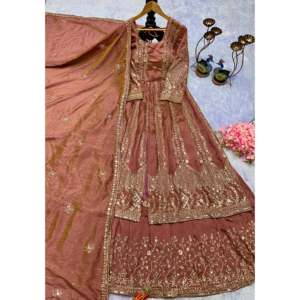 Vestido Lehenga Dupatta de Diseño Artesanal con Estampado Floral, Organza Bordada, Silueta en A, Cintura Imperio, para Fiestas - Product Image 1