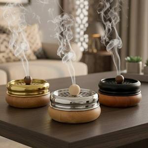 Brûleur à Bakhoor Rond en Bois de Luxe, Porte-Encens Oud Portable en Métal, Mabkhara Moderne pour la Décoration de la Maison et du Bureau, et Cadeau Arabe - Product Image 1
