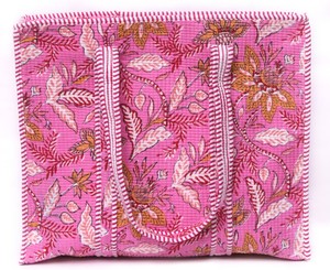 Bolso Tote de Algodón Acolchado Rosa para Mujer, Bolso Tote Floral Hecho a Mano, Bolso de Compras Ligero, Bolso de Hombro con Estampado de Bloques, Bolso de Viaje - Product Image 3