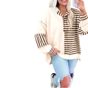 Women's Contrast Color Striped Long Sleeve Button Front Shirt Blouse Casual Turn-<b>down</b> Collar Poplin Top - Product Image 1