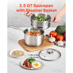Pentola in Acciaio Inox da 2,5 Qt con Vaporiera Antiaderente Multiuso con Coperchio in Vetro Ergonomico per Cucinare e Cuocere a Vapore - Product Image 2