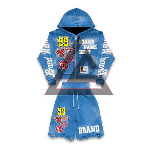 Streetwear Custom Men <b>Two</b> Piece Set Heavyweight Rhinestone Printed Zip-Up Hoodie and <b>Double</b> Waist Shorts for Men 2026 - Product Image 6