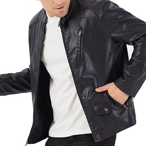 Blouson Moto Décontracté en PU pour Homme, Col Montant, Fermeture Éclair, Coupe Droite, Noir Uni, Vêtement d'Hiver Teint - Product Image 3