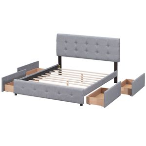Letto matrimoniale imbottito grigio chiaro con testiera classica e 4 cassetti, non necessita di rete a doghe, in tessuto di lino - Product Image 4