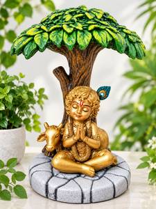 Estatua de Krishna Bajo el Árbol, Acabado Dorado, Escultura de Sobremesa, Decoración Religiosa para el Hogar, Regalo - Product Image 5