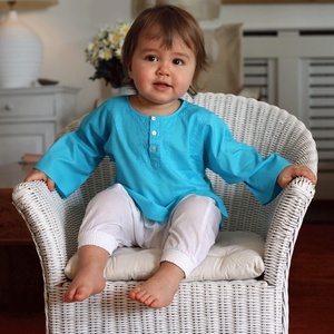 Turquoise Summer Wear Short <b>Kaftan</b> Crafted By 100% Soft Cotton Featuring With Beautiful Embroidery Long Sleeves & Front Buttons - Product Image 1