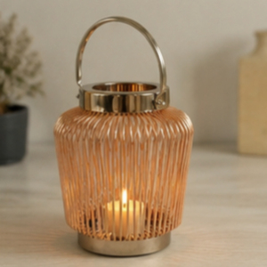 Portavelas Redondo de Bambú con Asa de Metal para Decoración del Hogar - Product Image 2