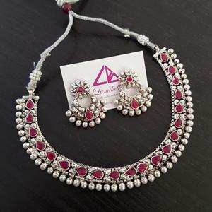 Oxidised Floral <b>Necklace</b> Set with <b>Ruby</b> and Zircon Embellishments - Product Image 1