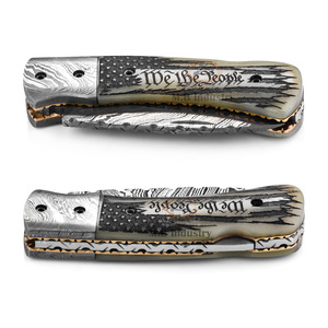 Couteau pliant de camping en acier Damas OEM personnalisé - Lame droite gravée au laser - Manche en os de chameau - We the People - Product Image 2
