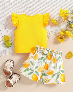 Lemon Print Girls Summer Outfit Set Short Sleeve Top Elastic Waist Shorts Comfortable Pajamas Two Piece Set - Product Image 2