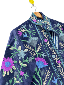 Veste bomber en velours faite à la main pour femmes, broderie florale, style bohème ethnique, épaisse, automne/hiver, longue, rembourrée en coton - Product Image 2