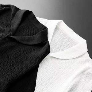 Ensemble de survêtement décontracté pour homme, noir, à manches courtes, col boutonné, couleur unie, en coton léger, coupe classique, idéal pour l'été - Product Image 5