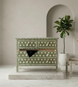 Buffet en bois massif avec incrustations vertes, commode à 5 tiroirs, meuble de rangement moderne pour salon - Product Image 4
